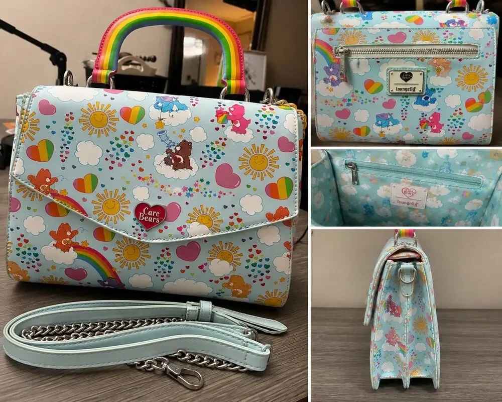 Loungefly Care Bears Rainbow Hearts Crossbody Satchel Bag Pastel Blue